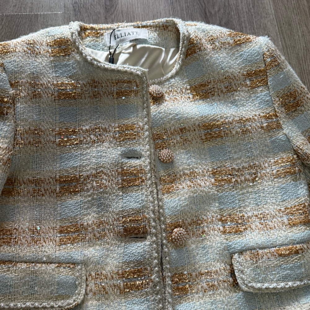 elliatt ashlyn white blue & gold long sleeve metallic tweed mini skirt set small - Picture 10 of 14